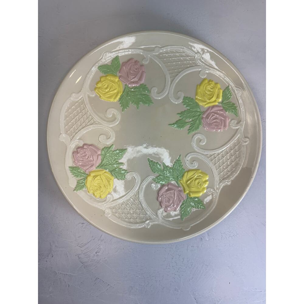Vintage DAY Creations Embossed Rose Plate Pastel Pink Yellow Green Floral Basket